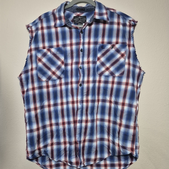 Blue and Red Casual Button Down Shirt with Plaid Pattern - Picture 1 of 3